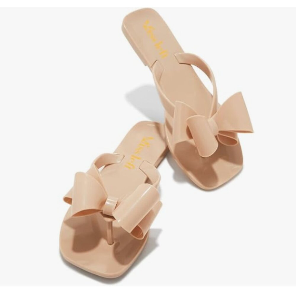 Miss Left Nude Versatile Open Square Toe Flip Flops Double Bowknots Thong Sandal